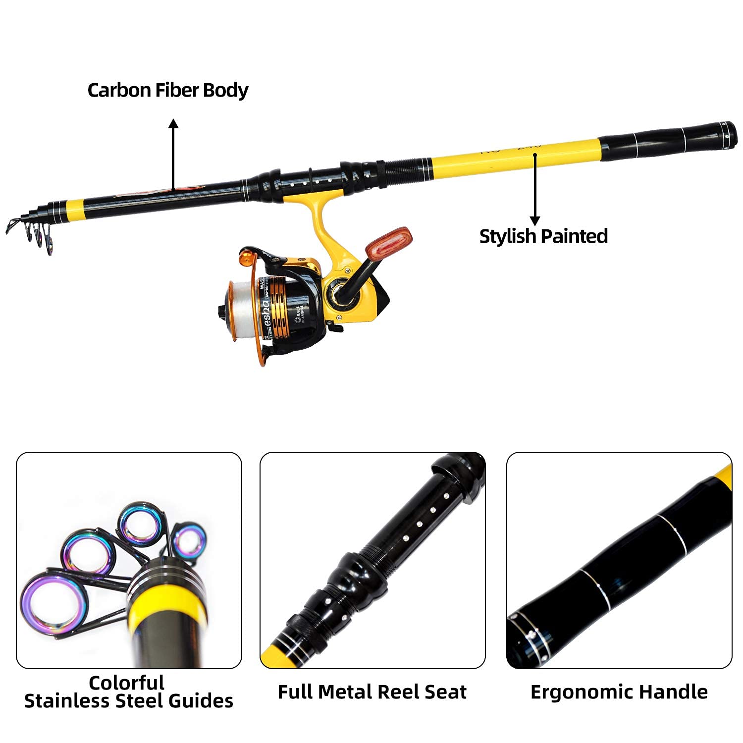 Richcat Fishing Poles and Reels Combo, Fishing Rod and Reel Kits for Adults Telescopic Fishing Rod Set Line Pre-Spooled for Trav, Black