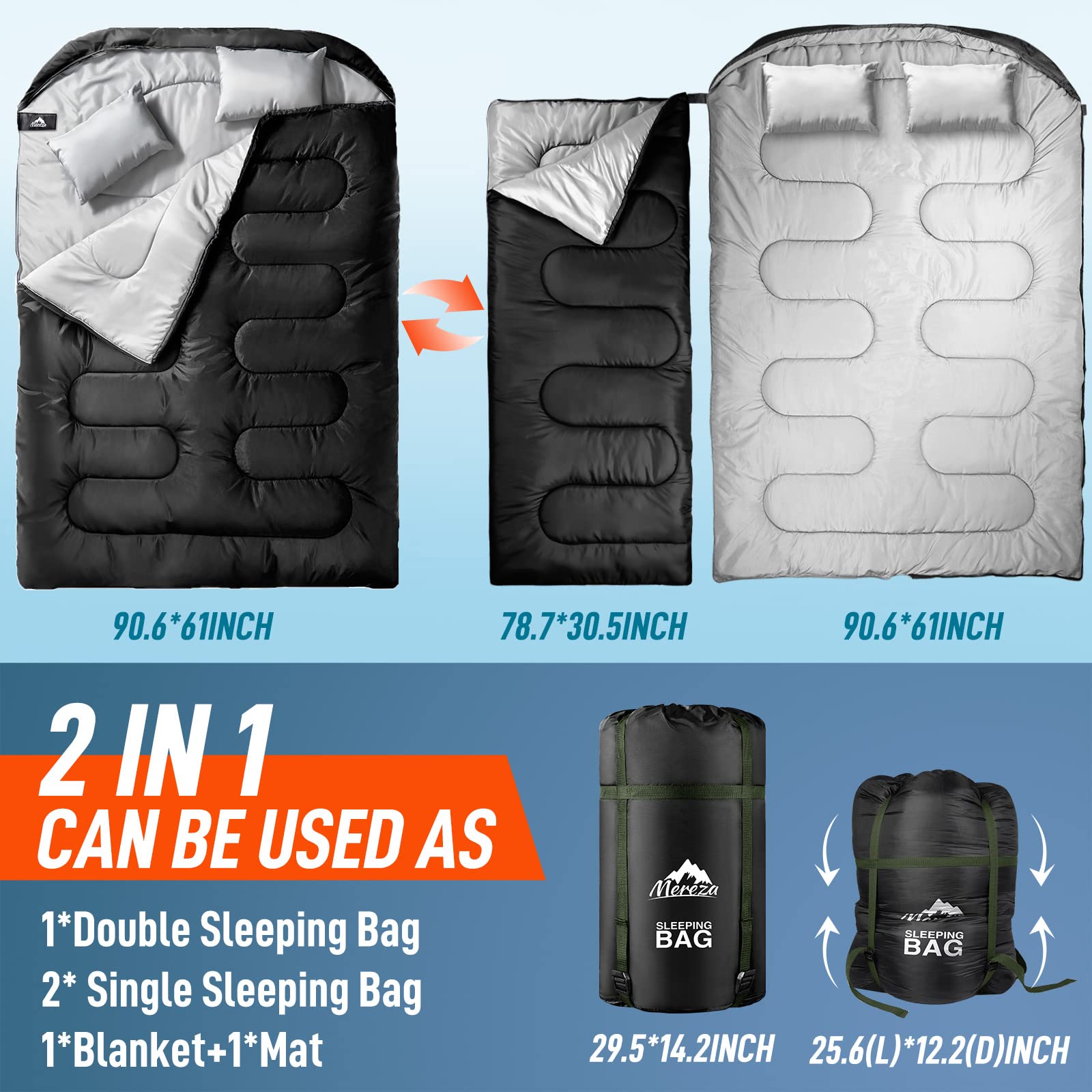 Ohuhu Double Sleeping Bag For Adults - Queen Size 2 Person Waterproof Camping Bag With 2 Pillows