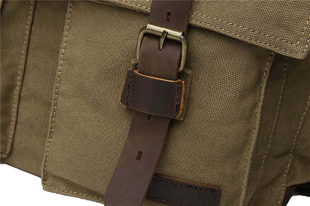 Sechunk Vintage Military Leather Canvas Laptop Bag Messenger Bags Medium Medium--15‘’ Army Green