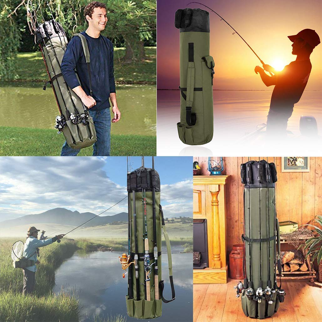 backpacking collapsible fishing reel with carry bag Allnice Durable Canvas Fishing Rod & Reel Organizer Bag Travel Carry Case Bag- Holds 5 Poles & Tackle