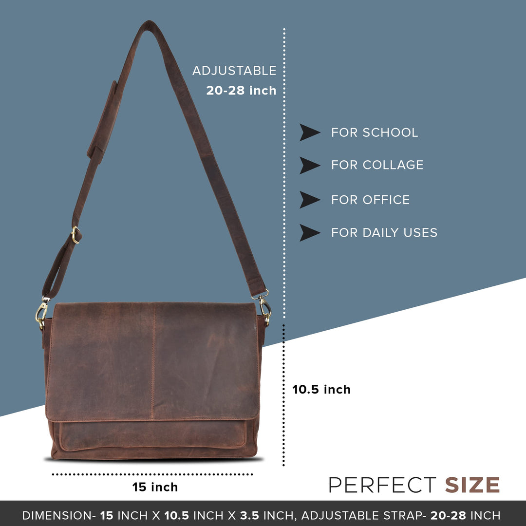 Oak Leathers Leather Messenger Bag for Men and Women - Laptop Briefcase Bag For College, Office, Adjustable Shoulder Strap Wood