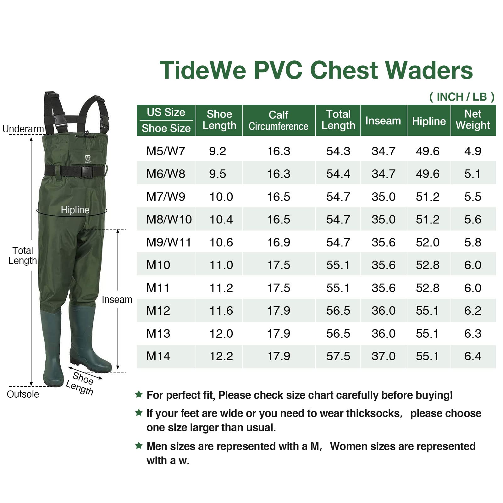 Tidewe Bootfoot Chest Wader 2-Ply Nylon/PVC Waterproof Fishing &hunting Waders for Men and Women Green Size 11