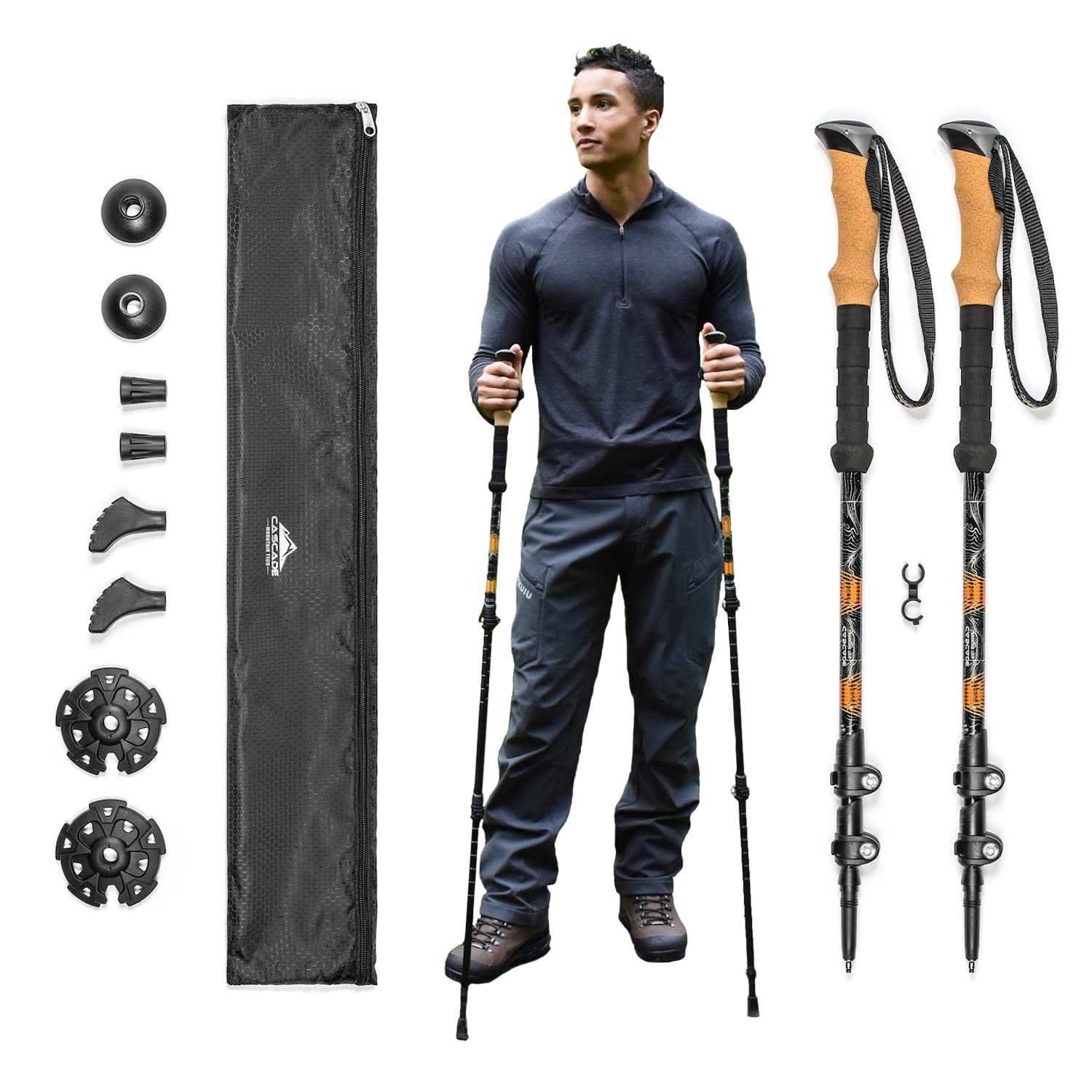 Lightweight Aircraft-Grade Aluminum Trekking Poles - Extended Down Grip, Tip Kit - Black, Cork, Orange - Hiking Essentials