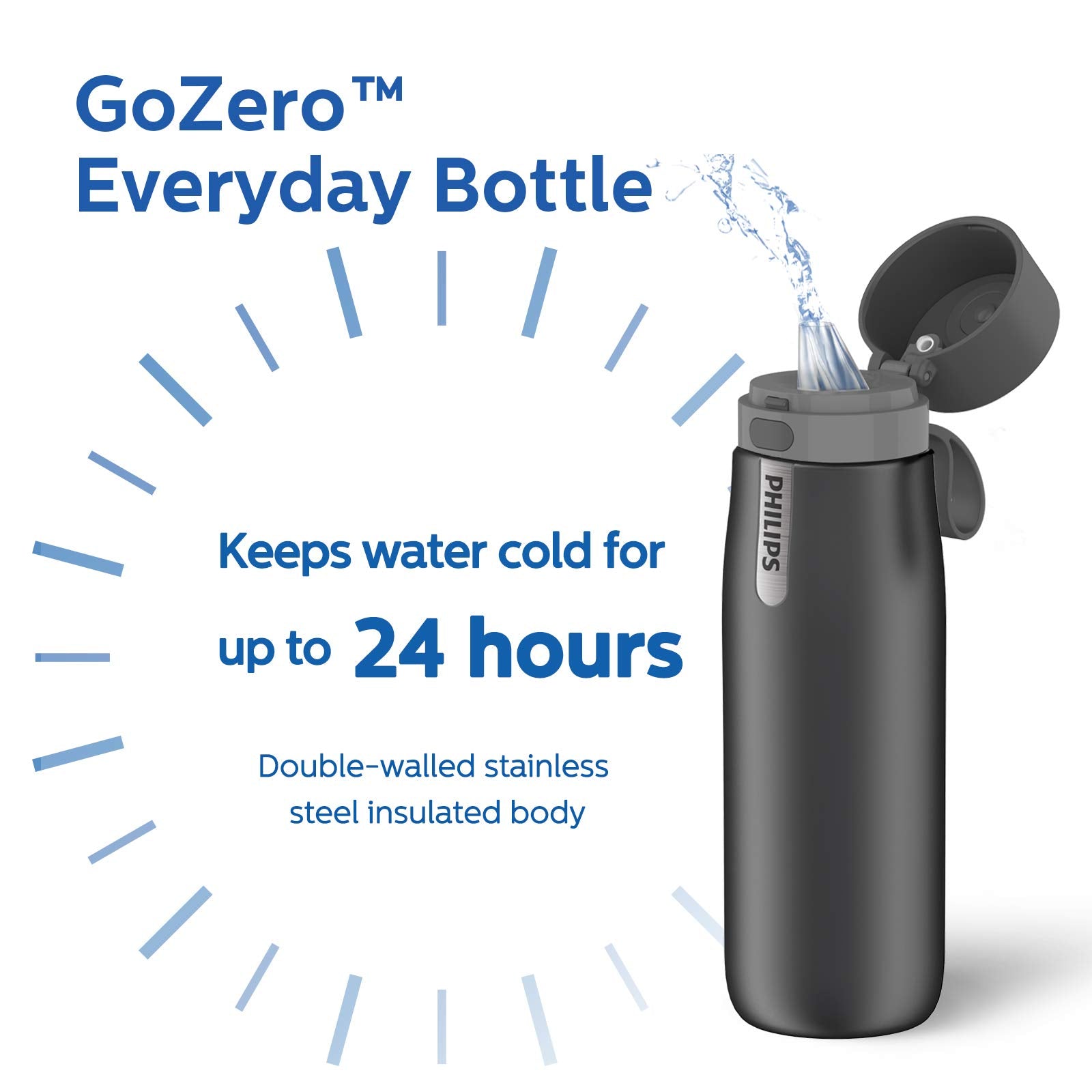 Philips Water GoZero UV Self-Cleaning Smart Water Bottle Vacuum Stainless Steel Insulated Water Bottle with Handle Double-Wall, Auto Cleaning, Keep