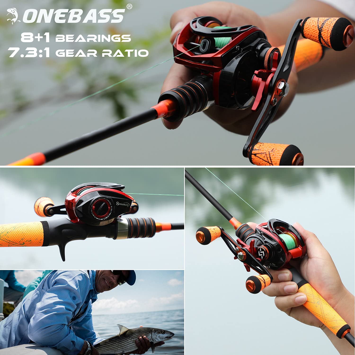 One Bass Fishing Rod and Reel Combo, Baitcasting Combo with SuperPolymer  Handle-Orange