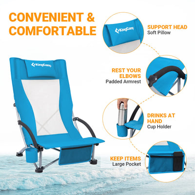 "Low Sling Beach Chairs - Folding Low/High Mesh Reclining Back for Ultimate Comfort and Relaxation"