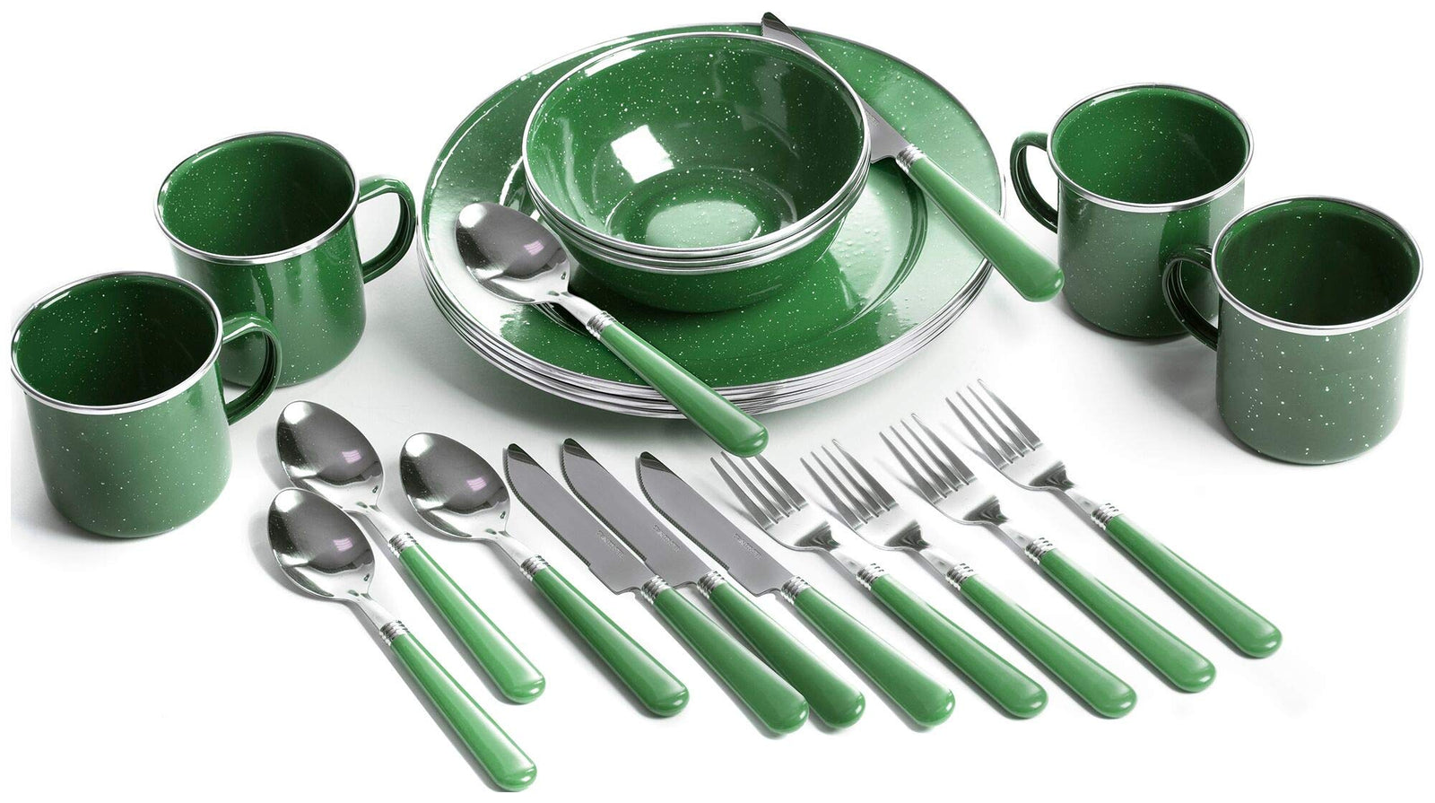 Deluxe 24-Piece Enamel Tableware Set: Green Plates, Bowls, Mugs & Utensils