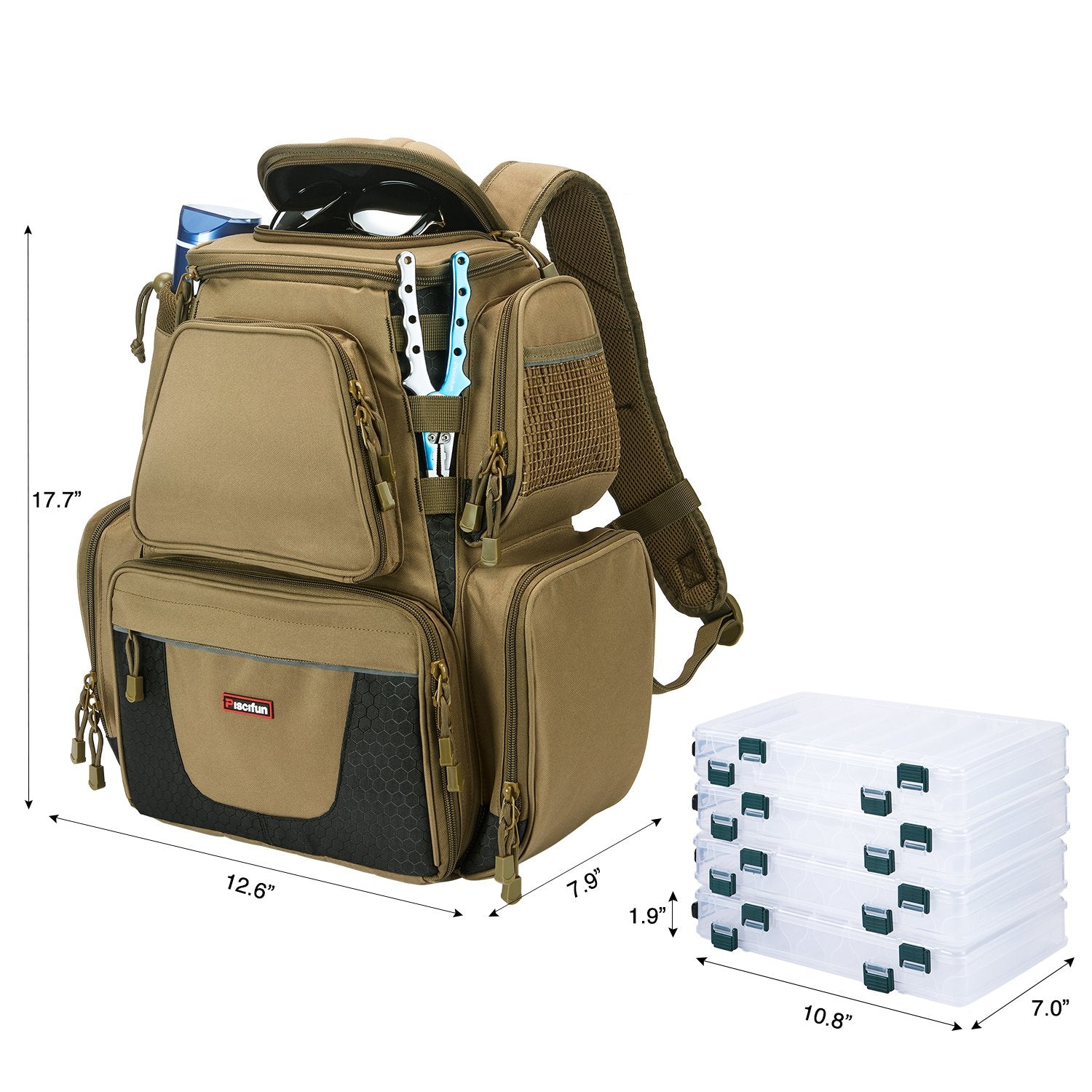 Piscifun Fishing Tackle Backpack With 4 Trays Fishing Gear Bag Sale Khaki Backpack With Four Trays