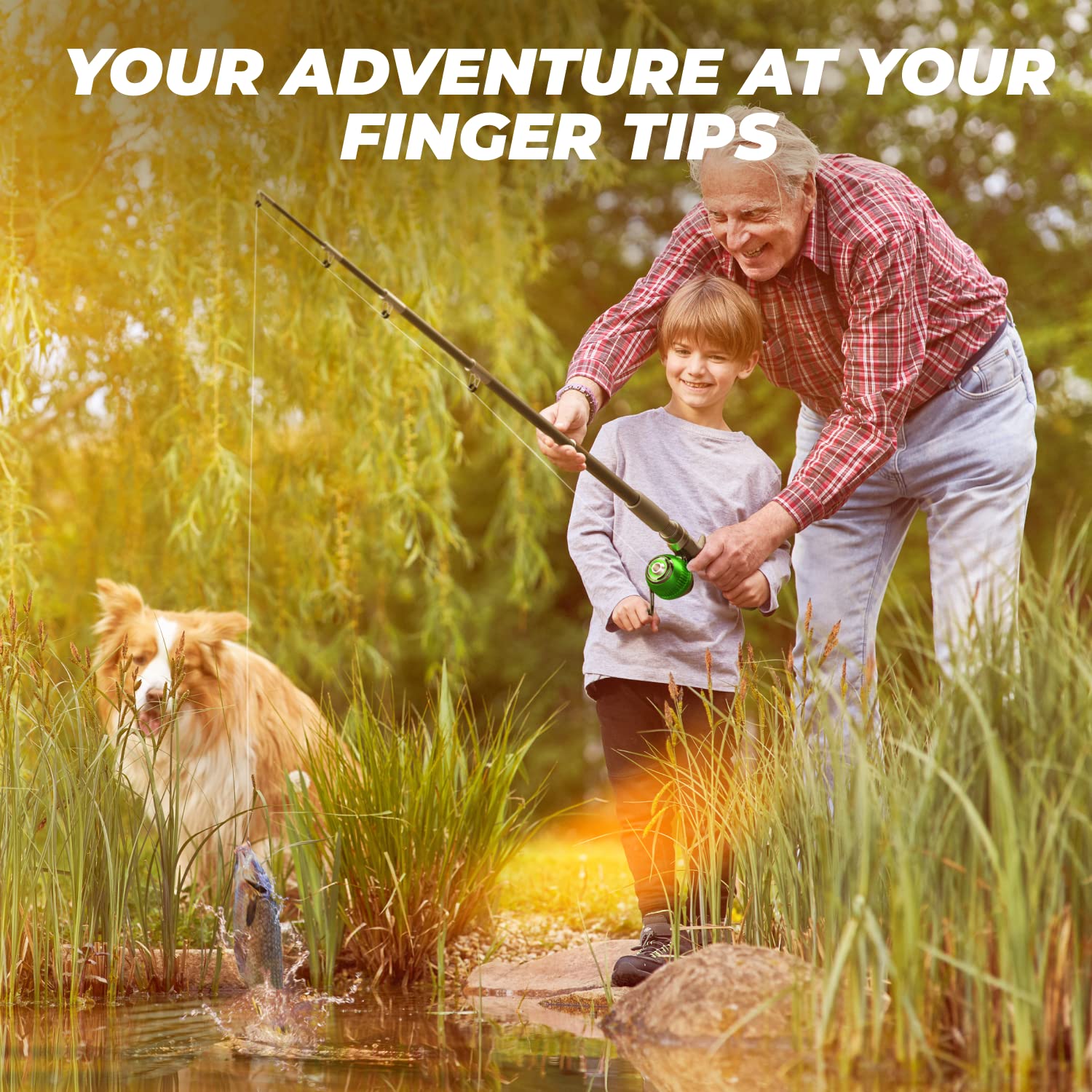 boy fishig with tackle box Lanaak Kids Fishing Pole and Tackle Box