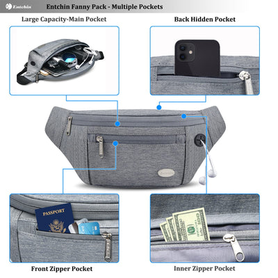 Entchin Fanny Pack for Women & Men - 4-Zipper Pockets, Premium Fashion Waist Pack Crossbody Bum Bag for Hiking, Running, Travel, Cycling, Casual - Grey