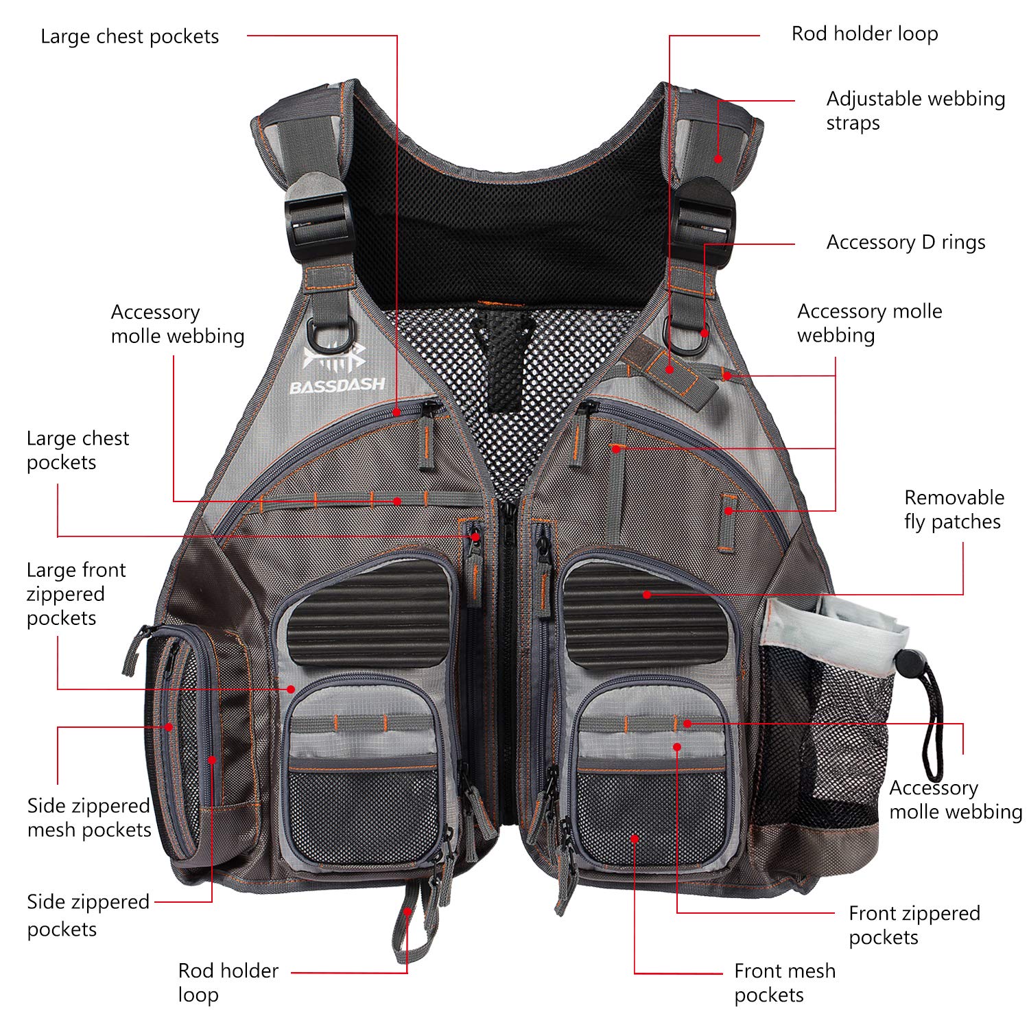 Bassdash Strap Fishing Vest Adjustable for Men and Women, for Fly Bass Fishing and Outdoor Activities