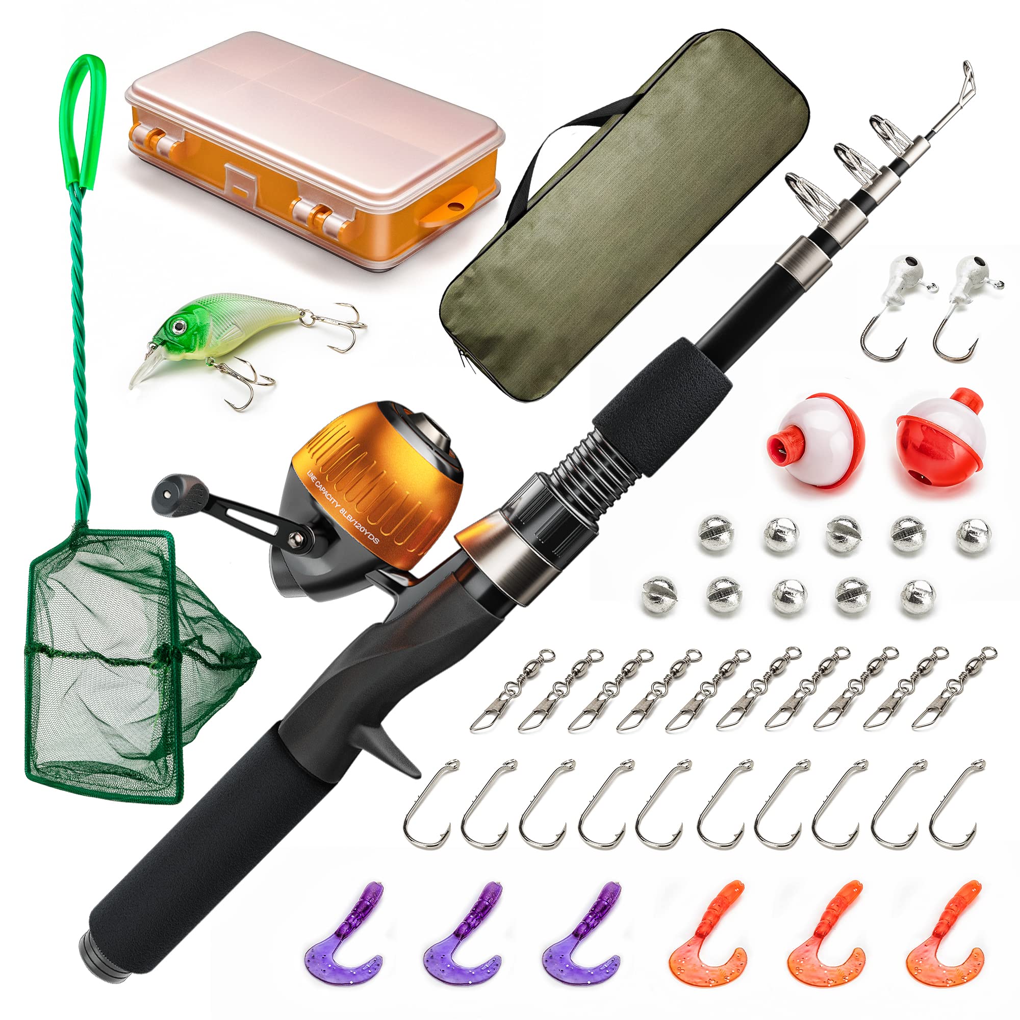 Aventik Kids Fishing Pole - Kids Fishing Starter Kit - with Tackle Box,  Reel, Practice Plug, Beginner's Guide and Travel Bag for Boys, Girls
