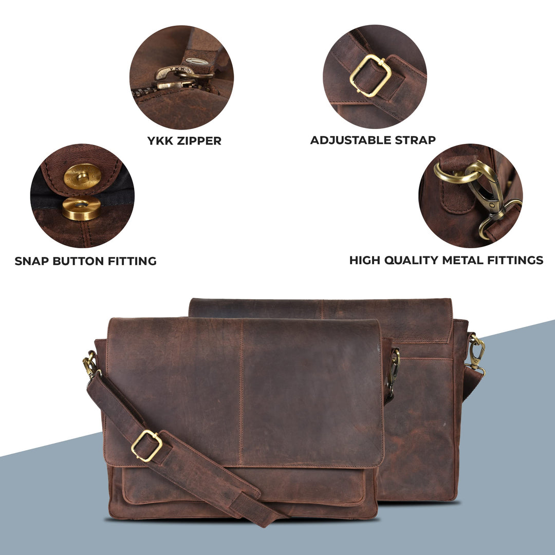 Oak Leathers Leather Messenger Bag for Men and Women - Laptop Briefcase Bag For College, Office, Adjustable Shoulder Strap Wood